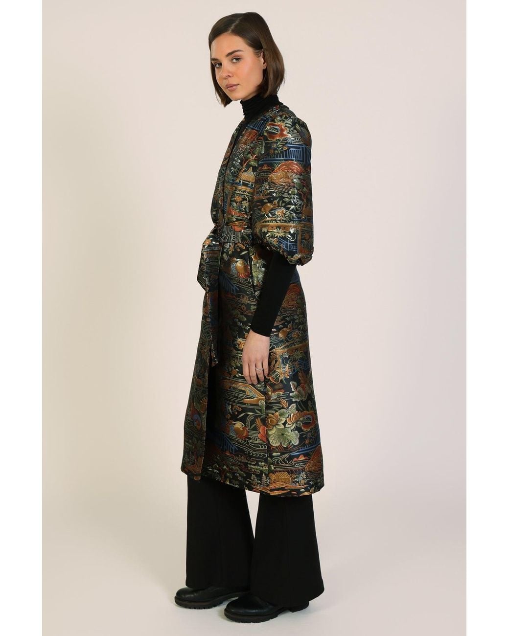 Traffic People Green Farewell Fools Multicolour Embroidered Duster Wrap Coat