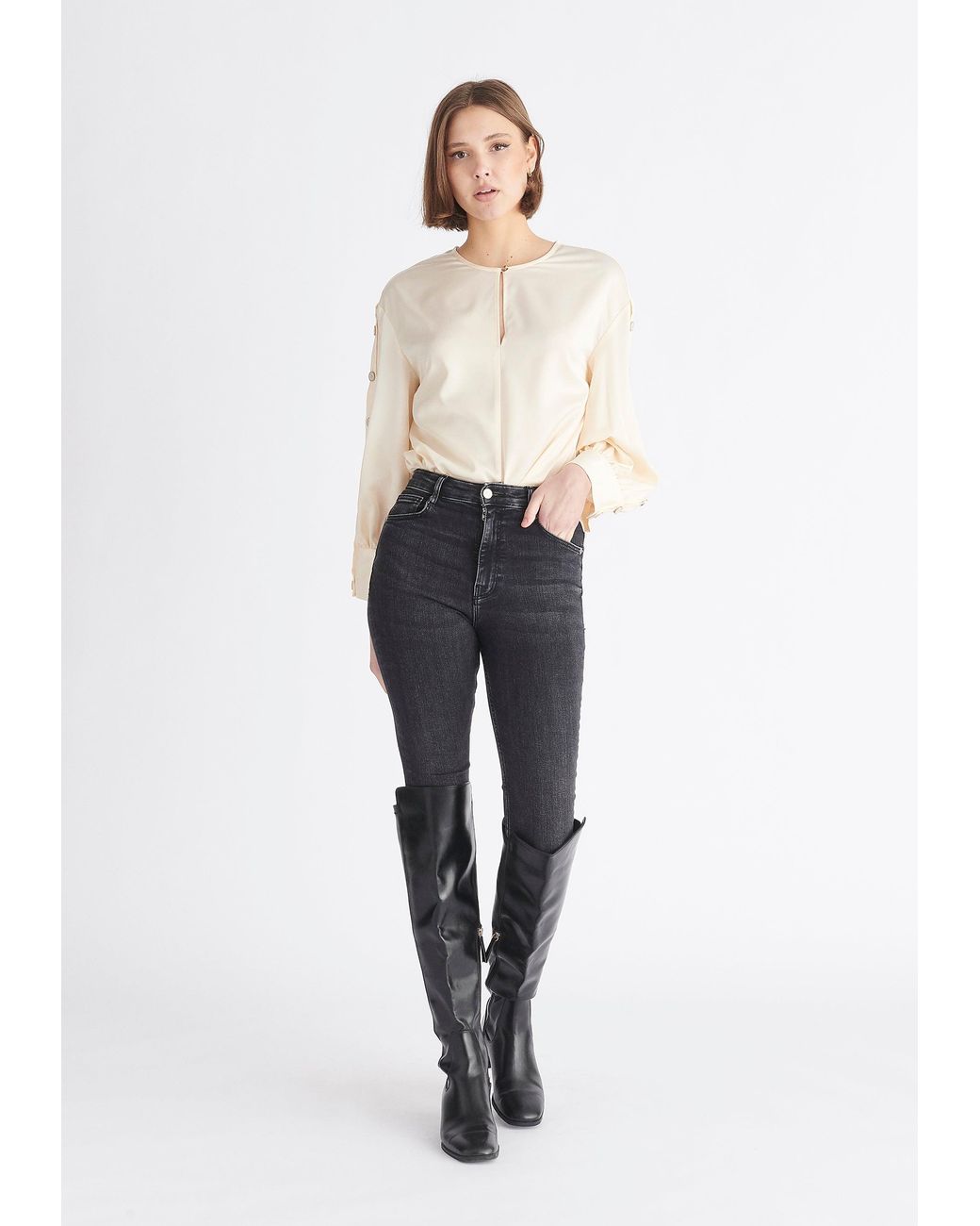 Paisie White Neutrals Button Sleeve Blouse