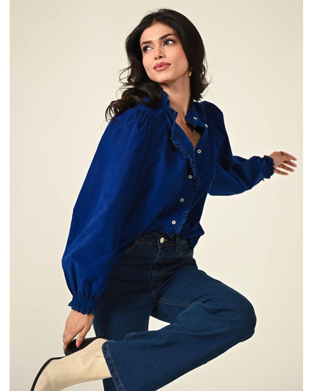 Rose & Nancy Blue Nerys Cord Embroidered Frill Blouse