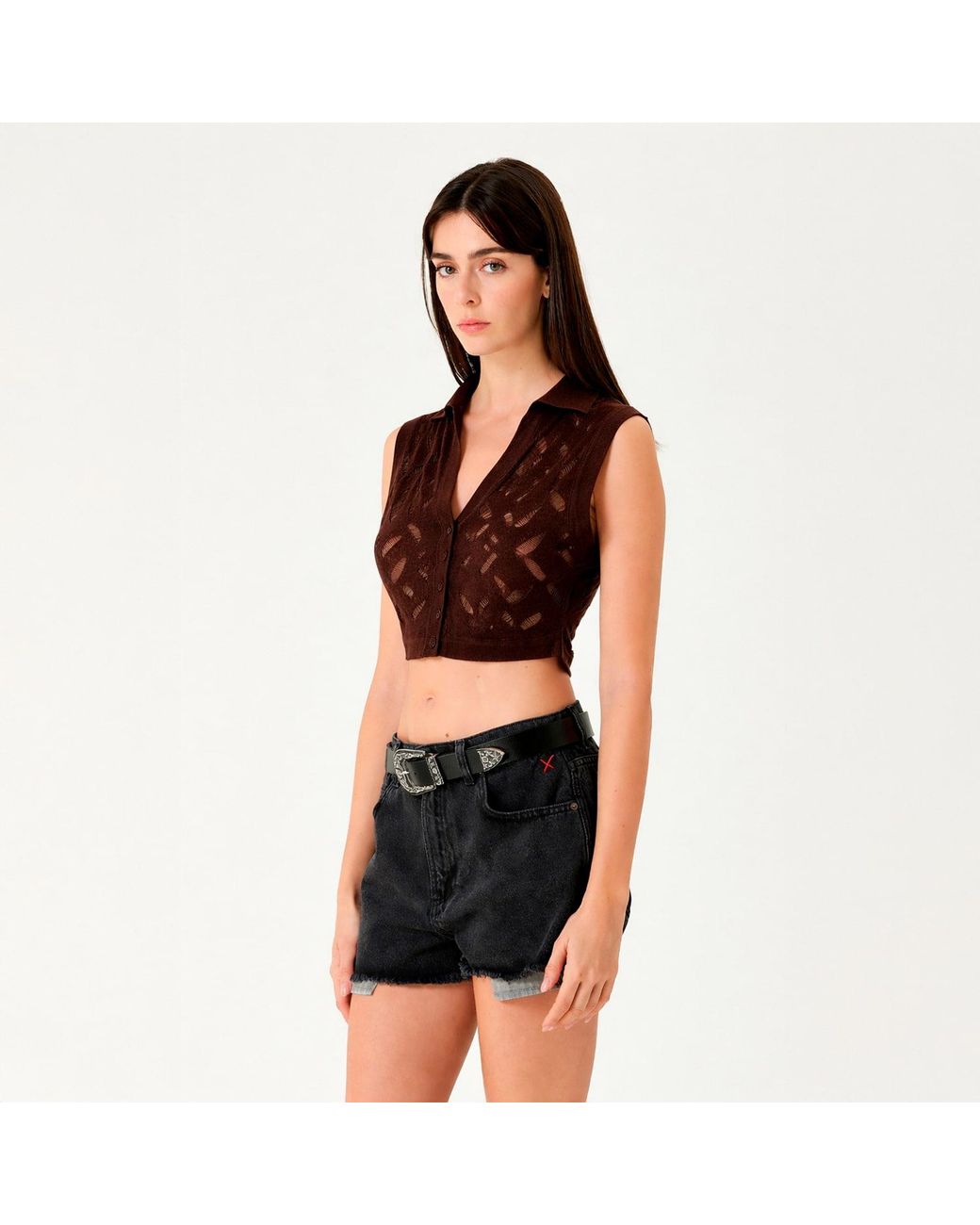Pcfg Brown Cropped Ripped Knit Top