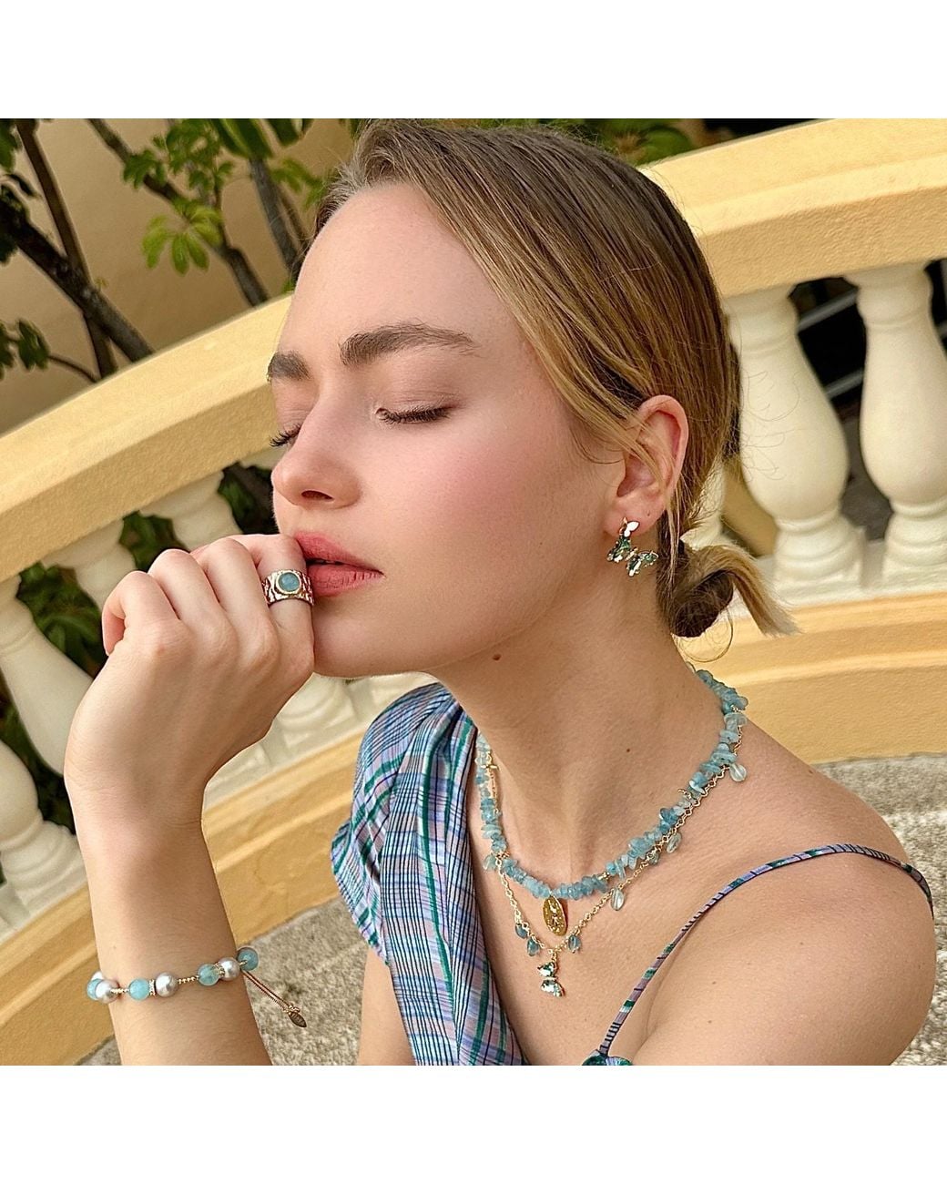 Farra Blue Aquamarine With Gay Freshwater Pearls Adjustable Bracelet