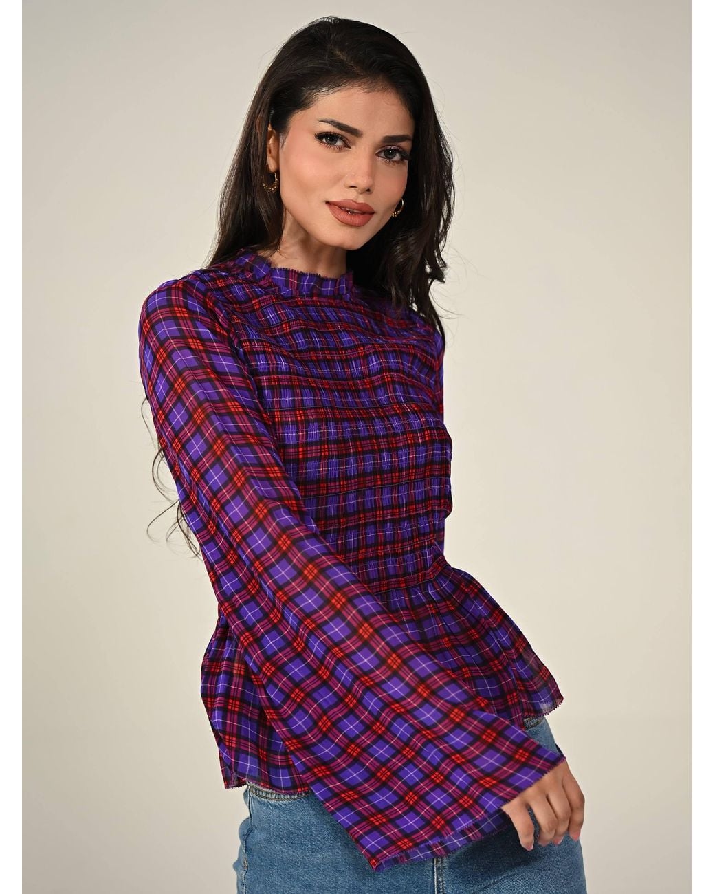 Rose & Nancy Purple Monica Smocked Check Blouse