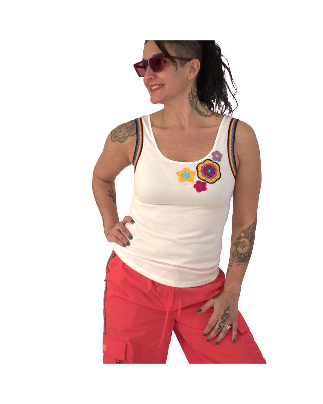 Lalipop Design White Sleeveless T-Shirt With Hand Made Crochet Details