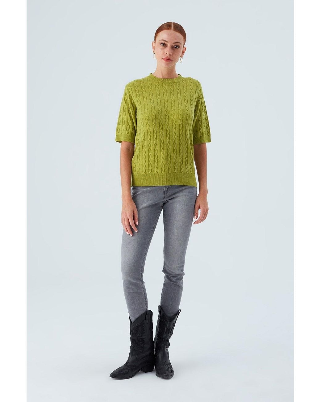 Peraluna Green Nicole Cable Knit Cashmere Blend Short Sleeve Blouse