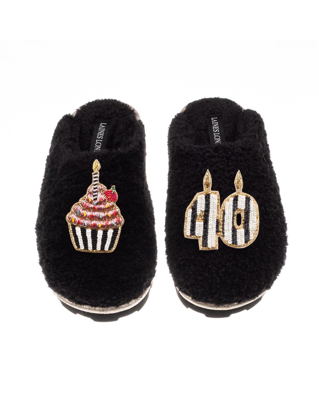 Laines London Black Teddy Closed Toe Slippers With Stripe 40Th Birthday & Cake Brooches