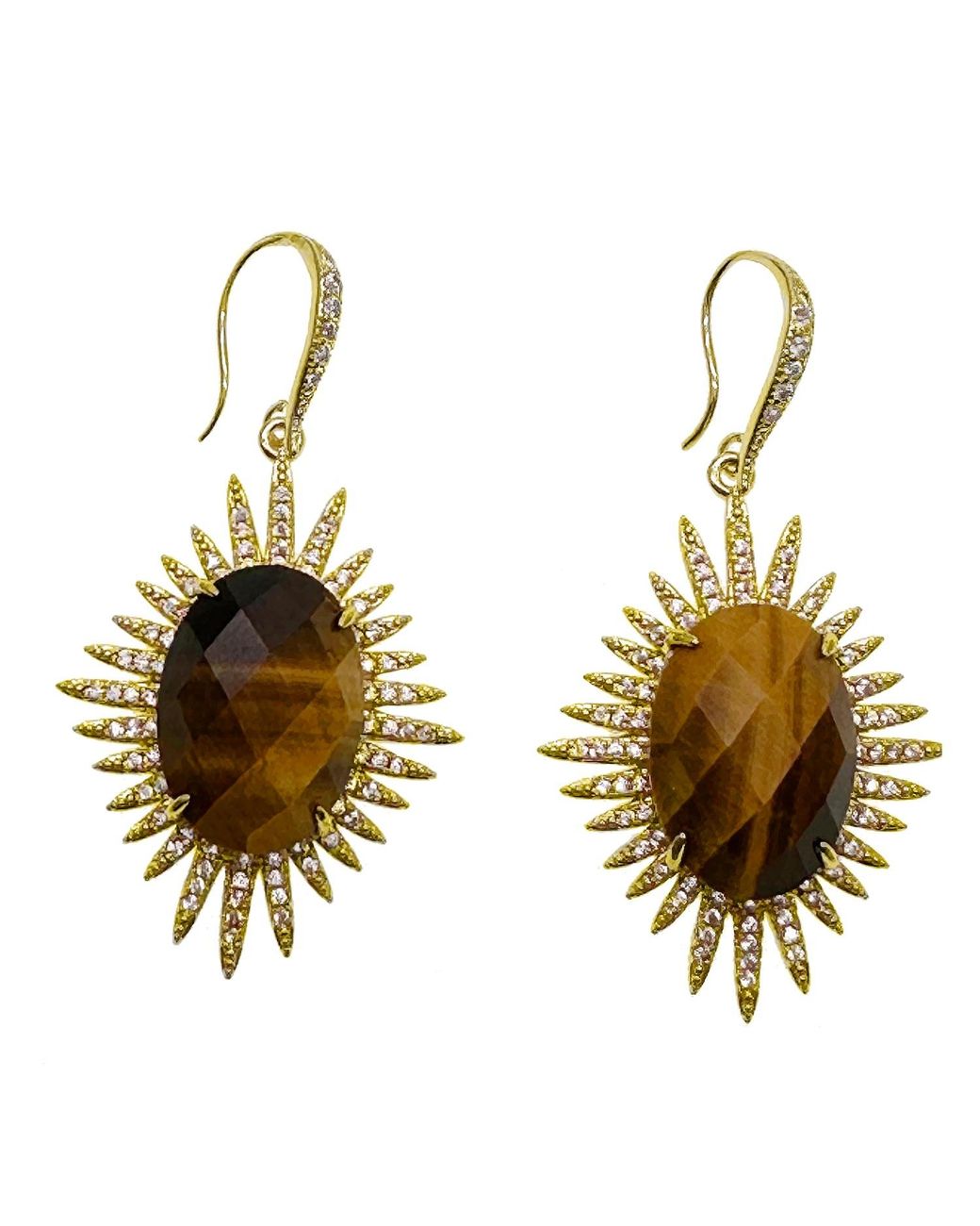 Farra Metallic Tiger Eye Stone Setting Dangle Earrings