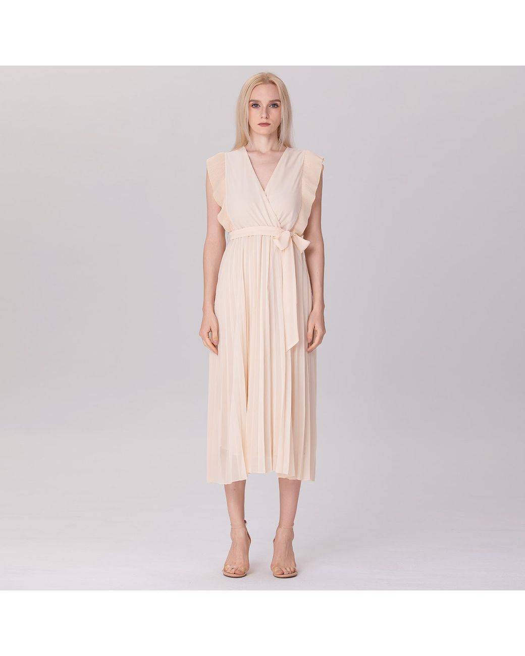 Smart and Joy Natural Neutrals Pleats Ruffle Wrap Effect Dress