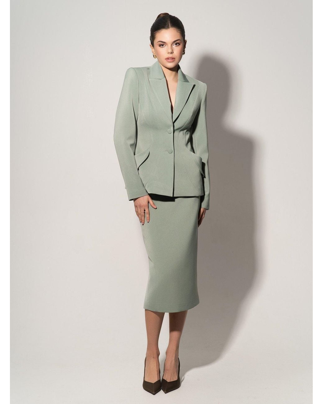 Tia Dorraine Green Tailored Fit Suiting Blazer & Skirt Suit
