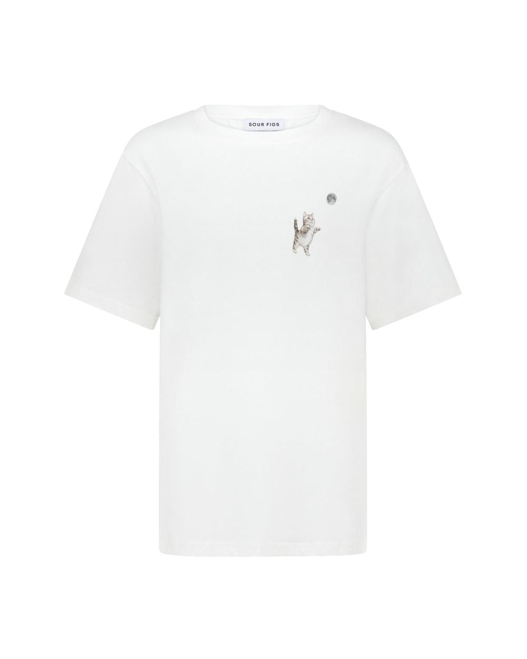 Sour Figs White Kitten And Moon Print T-Shirt