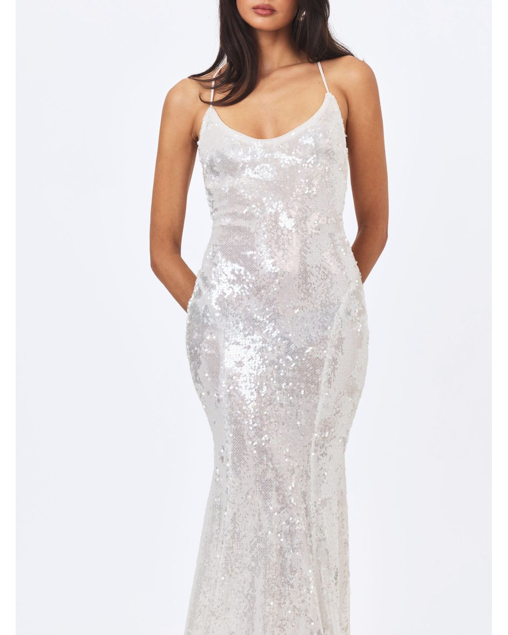 Miss Circle New York White Cameron Sequin Scoop Neck Mermaid Maxi Dress