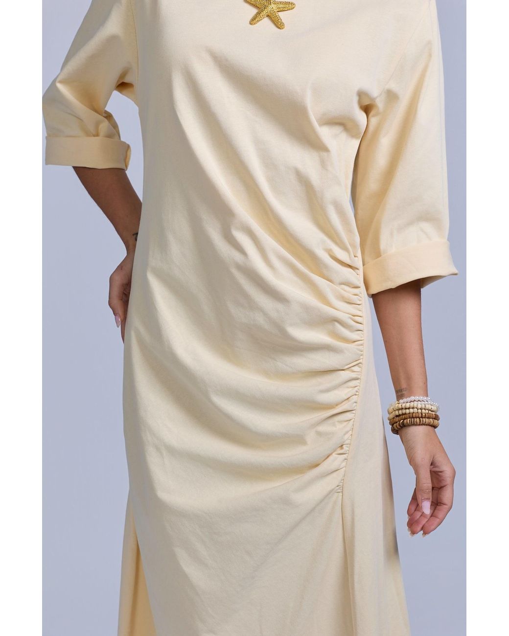 Rave on Trend Yellow Ruched Cotton T-Shirt Dress