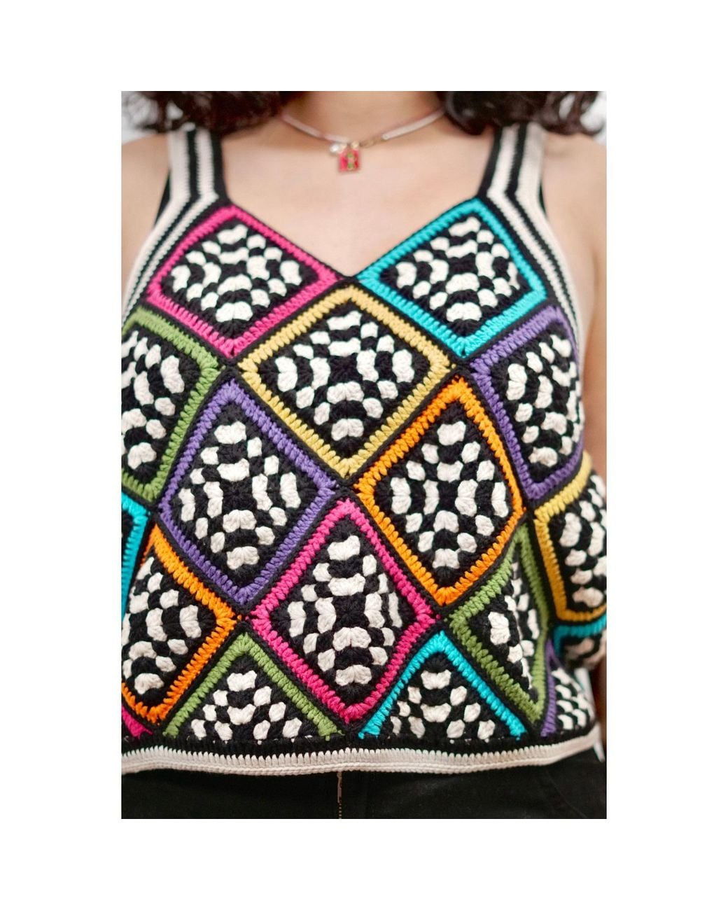 Ana Chic Black Stained Glass Handmade Crochet Crop Top