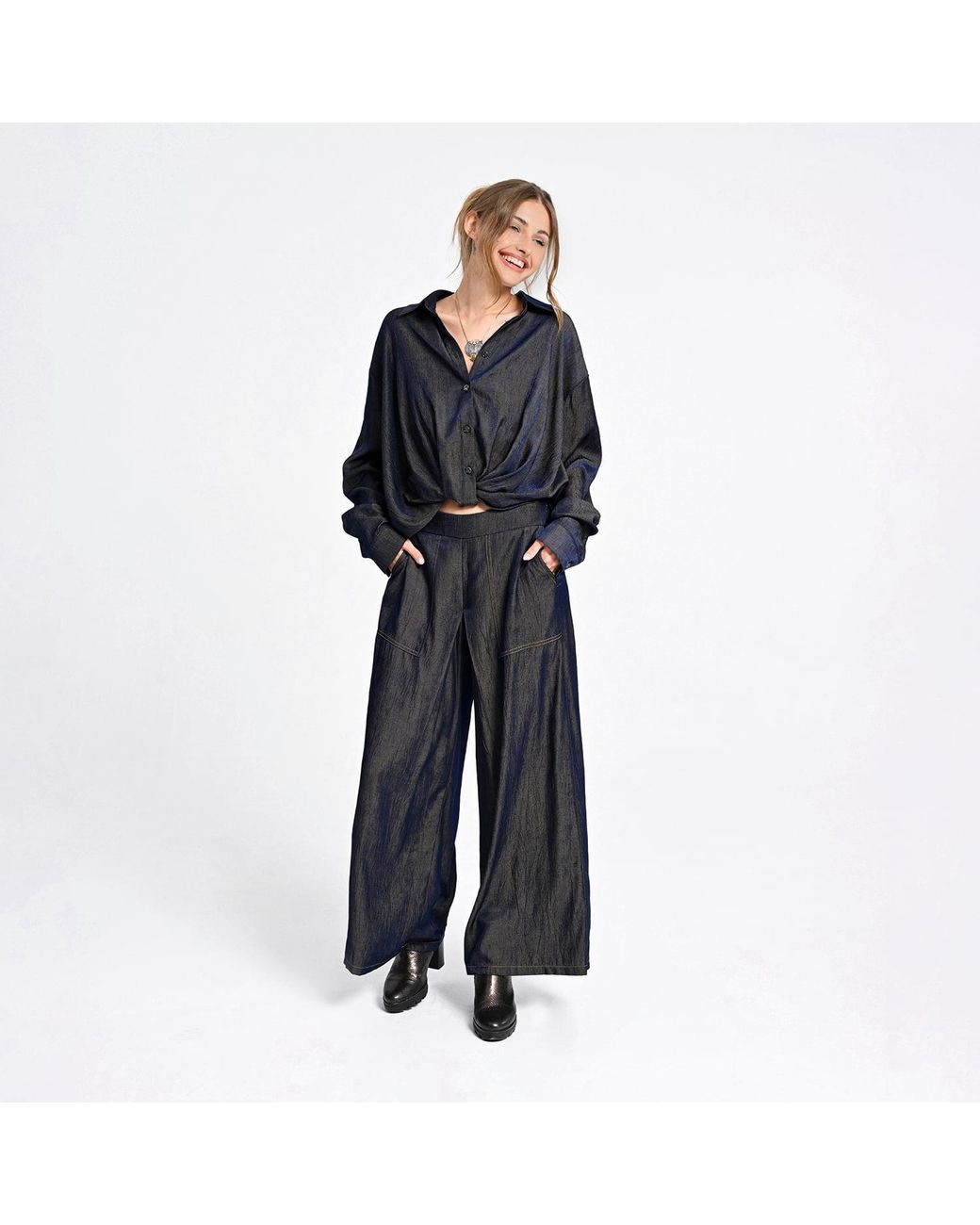 Lalipop Design Blue Relaxed Shirt With Draped Front Hem