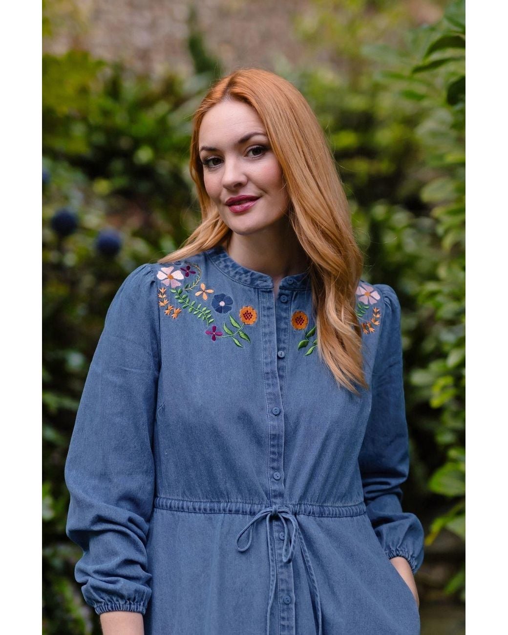 Sugarhill Blue Ivana Denim Midi Shirt Dress Floral Embroidery