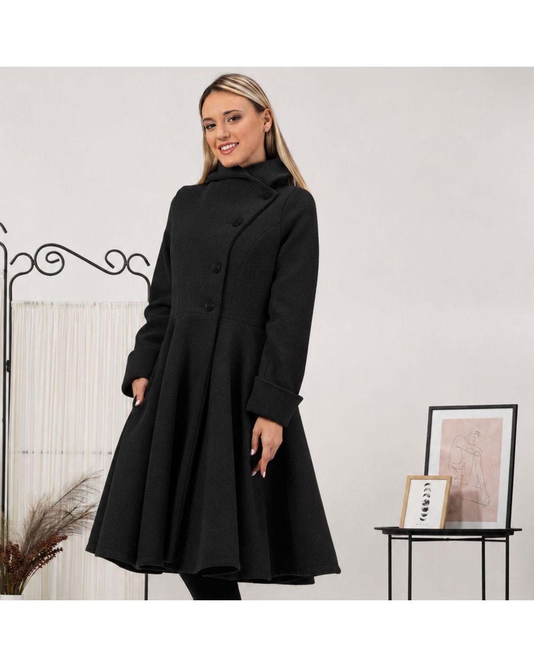 Nikka Place Black A-Line Woolen Coat With Pockets