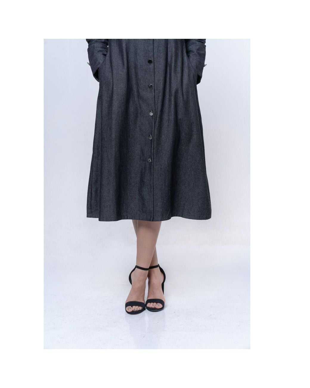 House of Gl Blue Hematite Dark Wash Denim A-Line Midi Shirt Dress With Contrast Cotton Panels