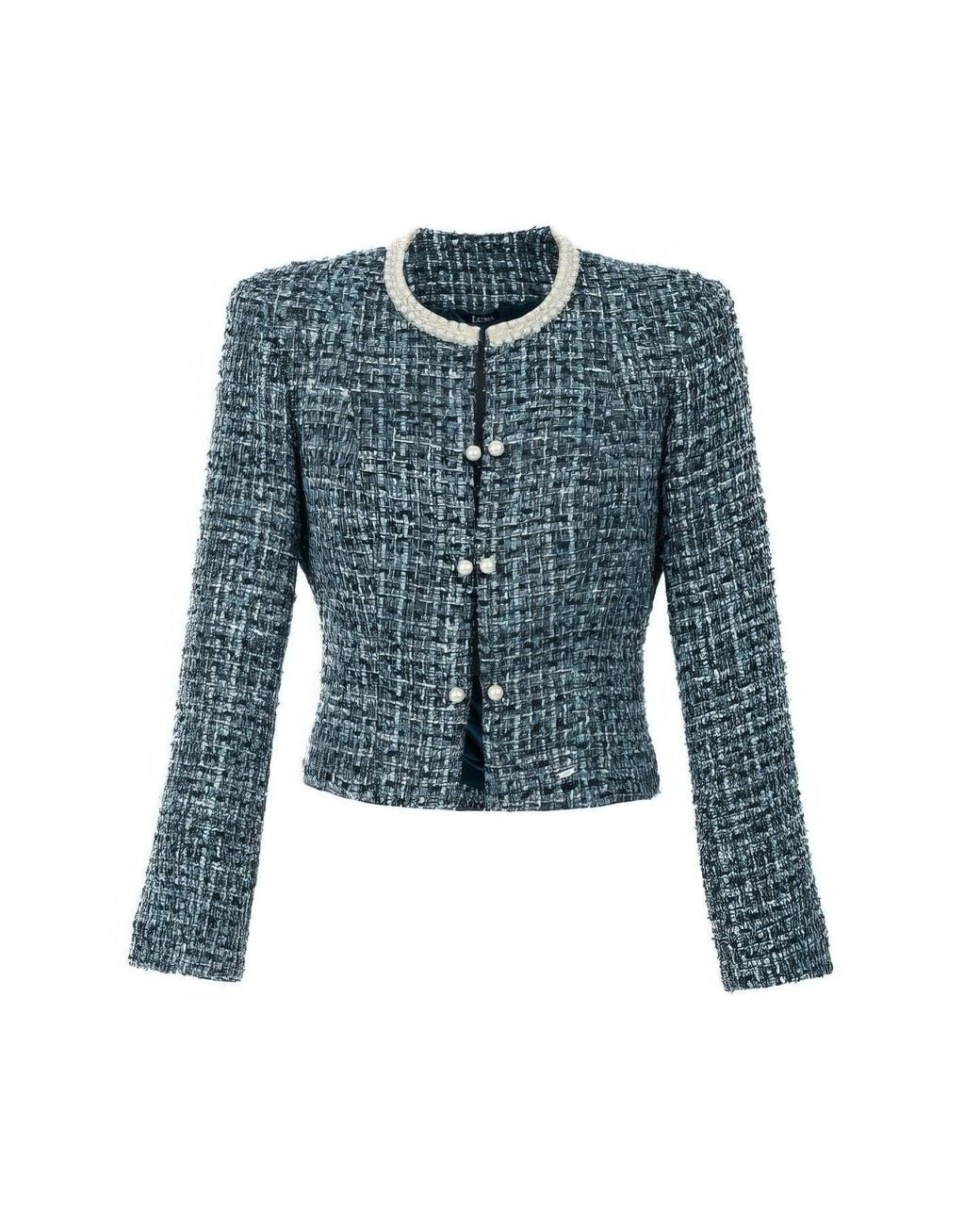 Luna Fashion House Blue Tweed Blazer With Pearl Trim, Rhea