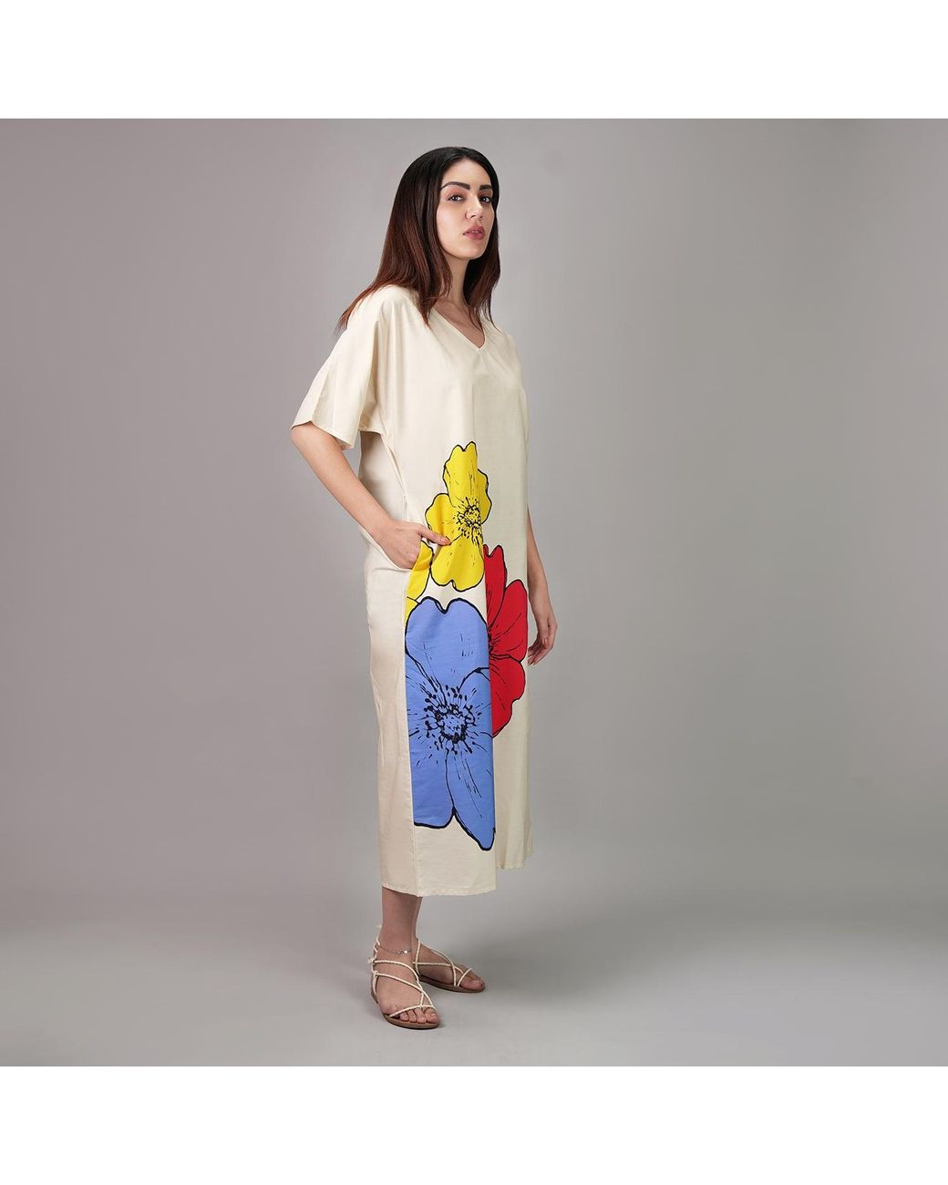 DHARA SHETH DUBAI Red No Three Floral Art Long Cotton Kaftan Dress