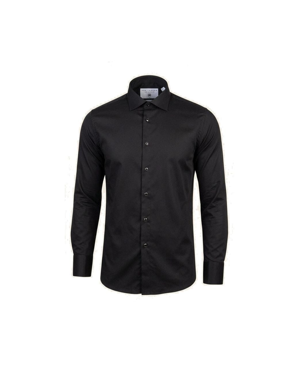 Ron Tomson Black Pure Cotton Classic Collar Stud Button French Cuff Tuxedo Shirt for men