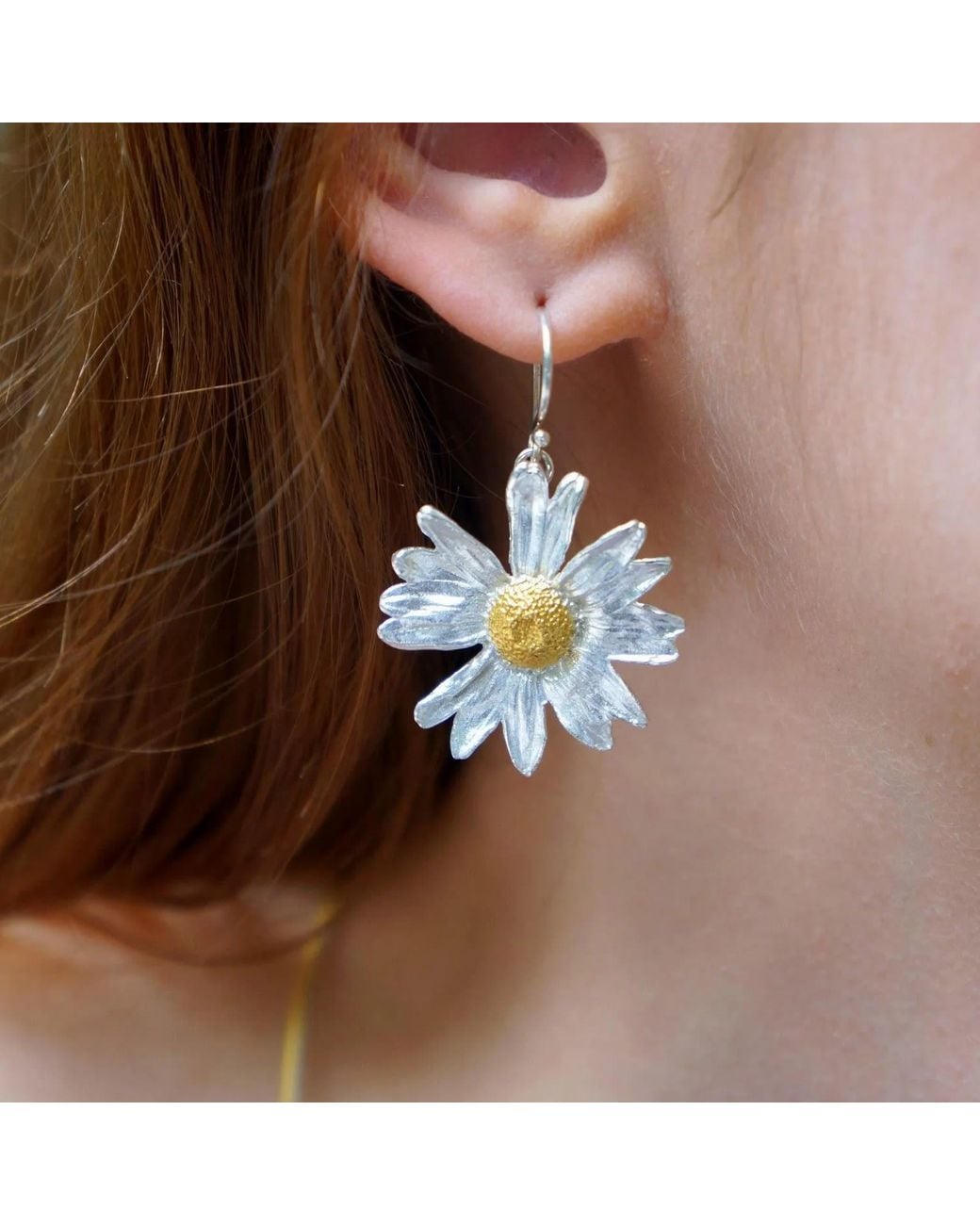 Mother Nature Jewelry Metallic Daisy Flower Earrings, & Sterling Handmade Dangles