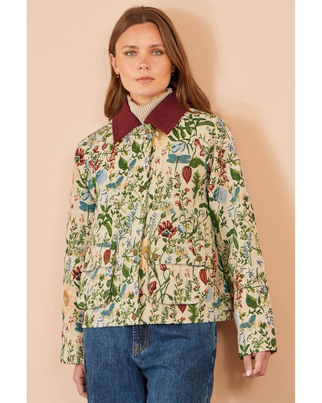 Yumi' Green Ivory Botanical Woven Bomber Jacket