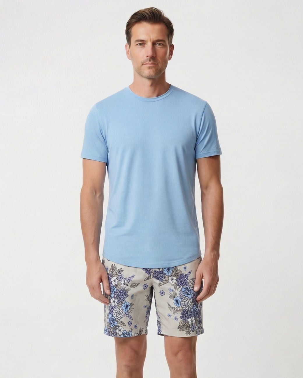 Lords of Harlech Blue Neutrals Clyde Clumped Floral Natural Flat Front Short for men
