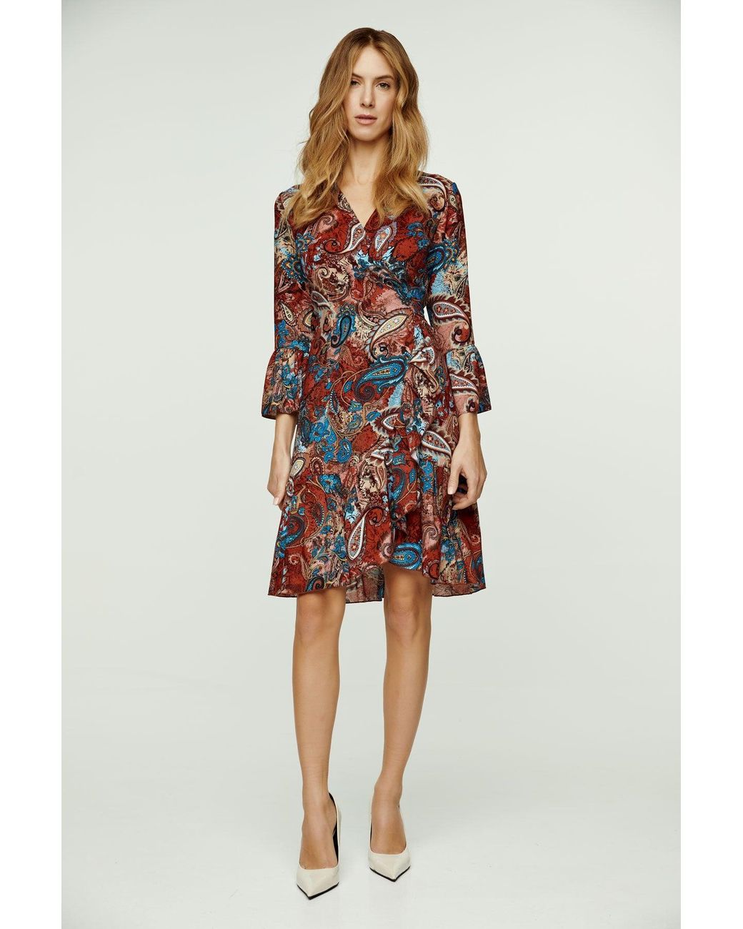 Conquista Red Paisley Print Viscose Wrap Dress With Bell Sleeves