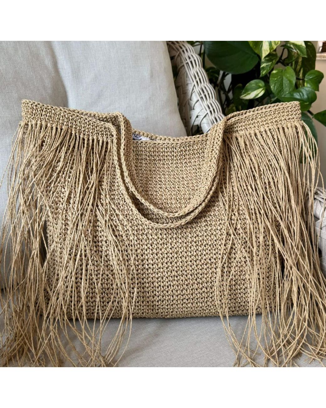 Springmoonatelier Brown Crocheted Raffia Beach Large Straw Boho Bag