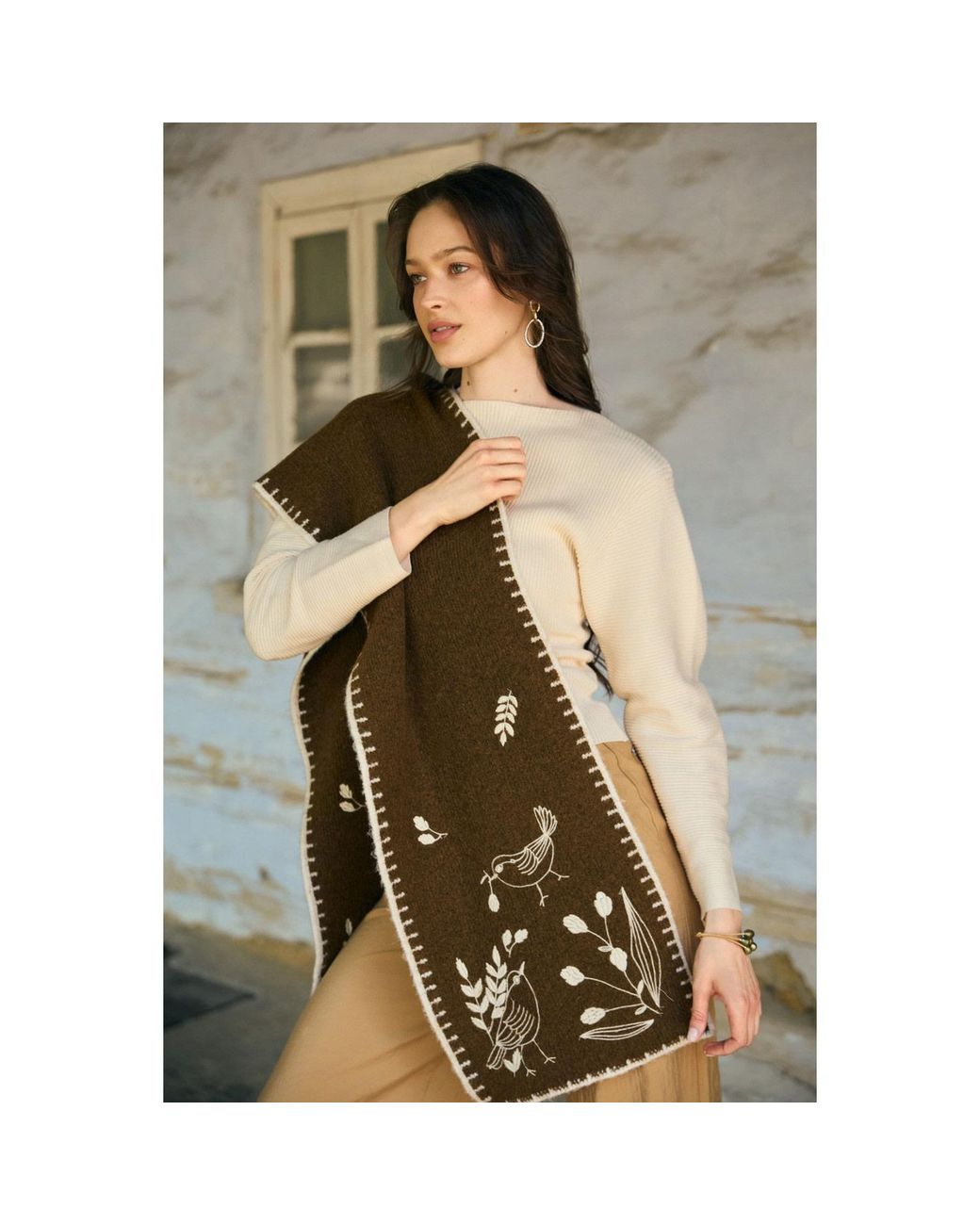 Saachi Brown Embroidered Bird Scarf