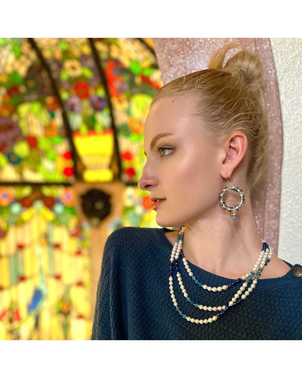 Farra Blue Gemstone And Freshwater Pearls Colour Blocking Multi-Strands Necklace