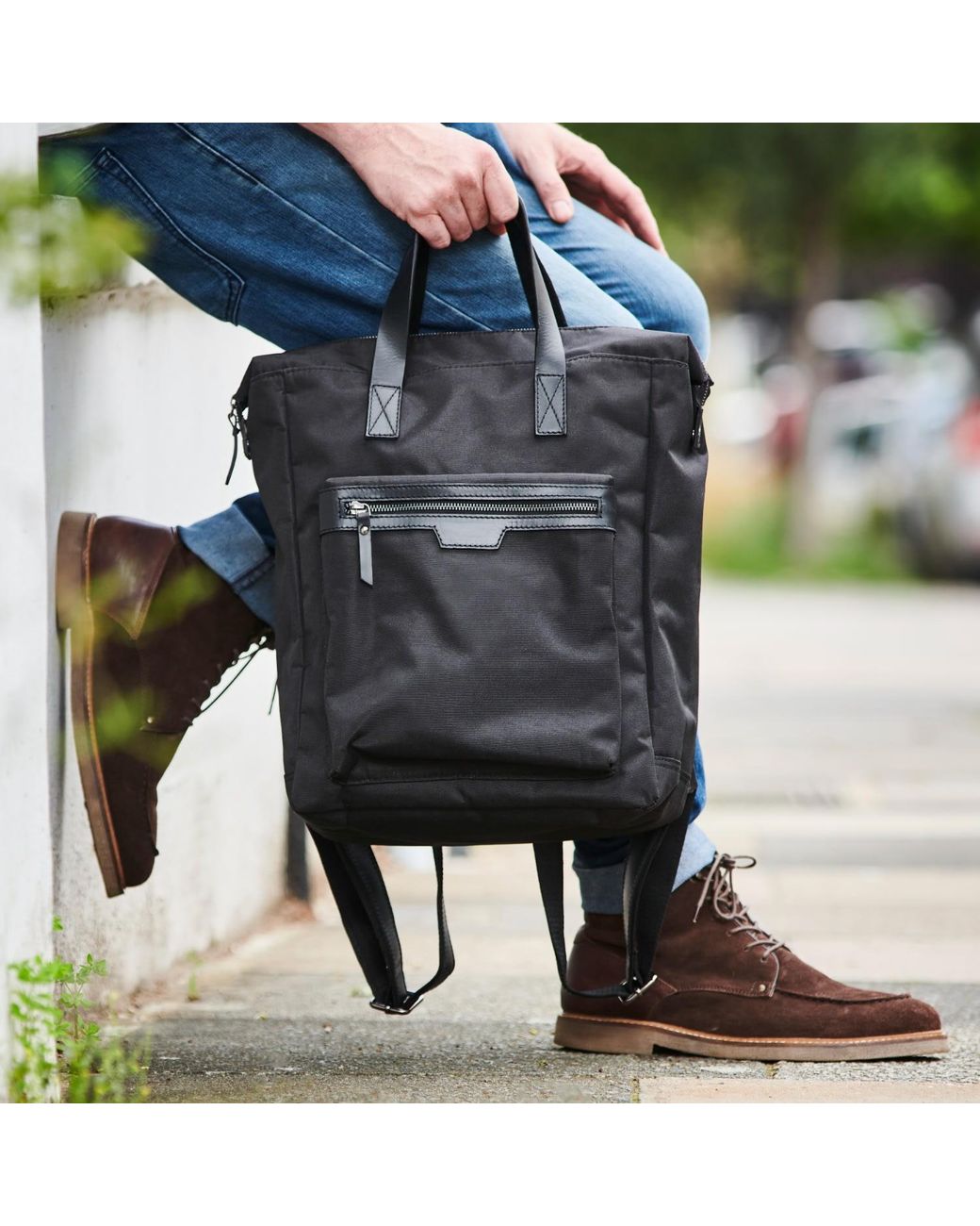 VIDA VIDA Black Leather Trim Top Zip Backpack