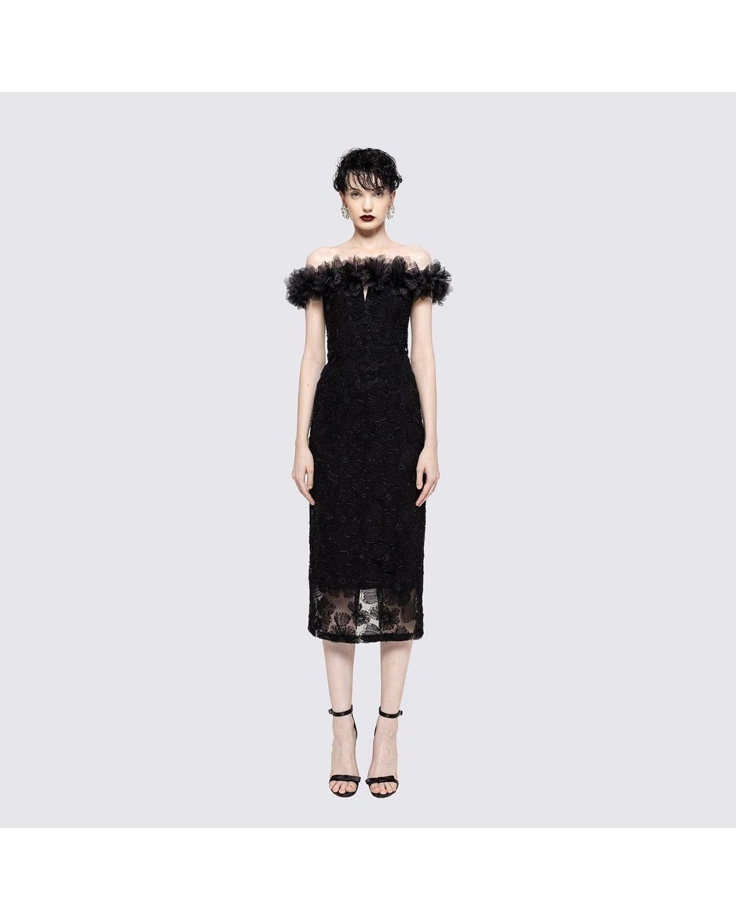 Nissa Black Floral-Detail Lace Midi Dress