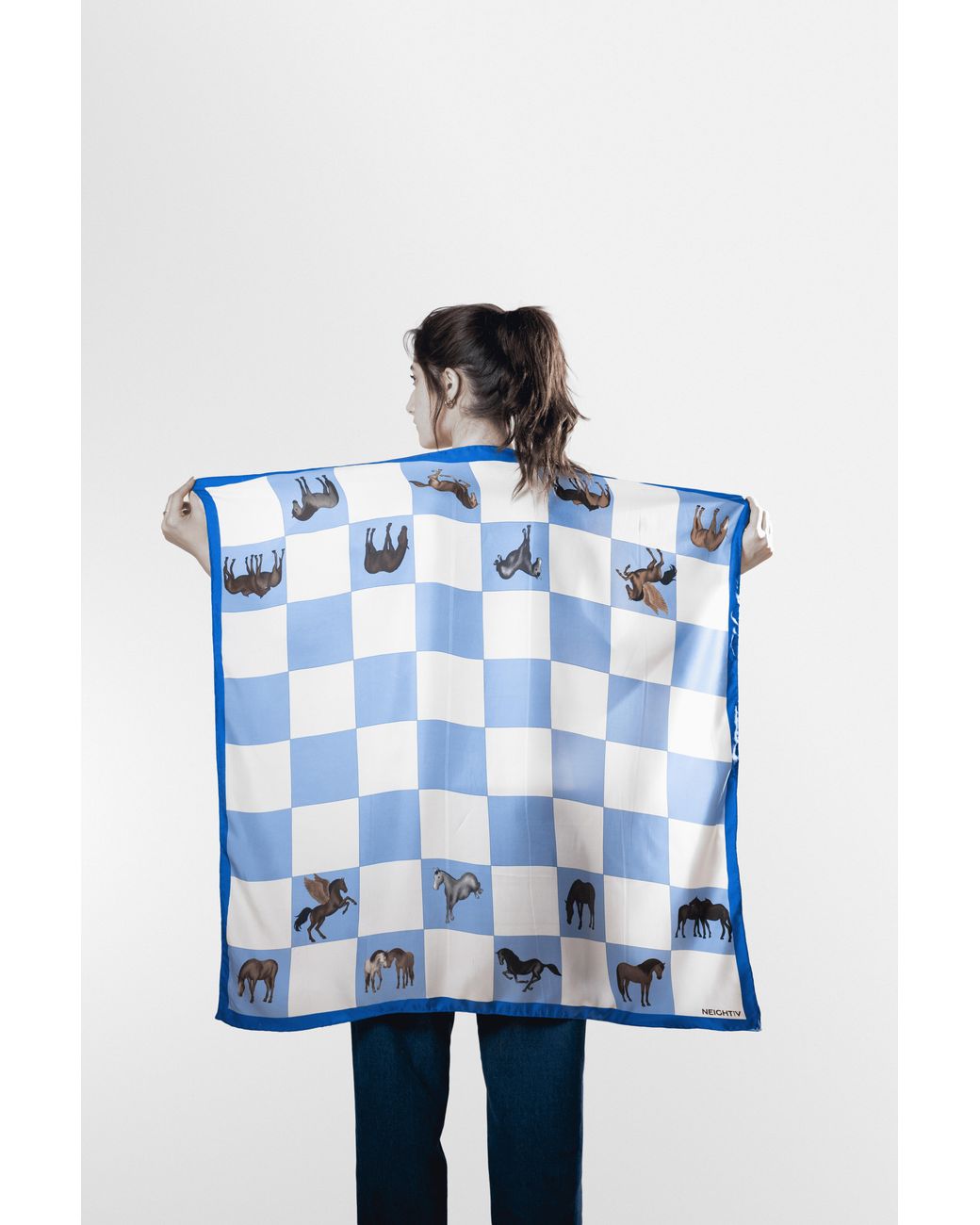 Neightiv Blue And Checkered Silk Scarf- Hoofboard