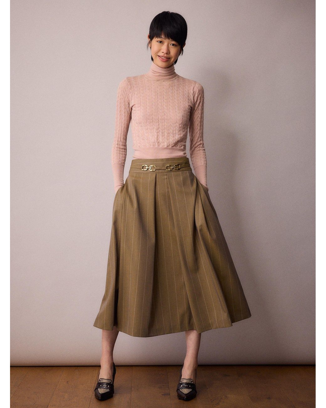 Amanda Thompson Couture Brown Marlo Box Pleat Skirt Sand Pinstripe