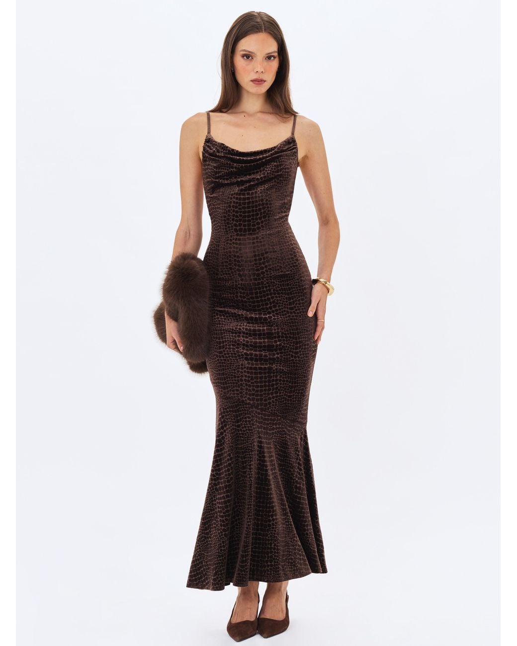 Miss Circle New York White Veronique Croc-Embossed Velvet Cowl Neck Mermaid Maxi Dress