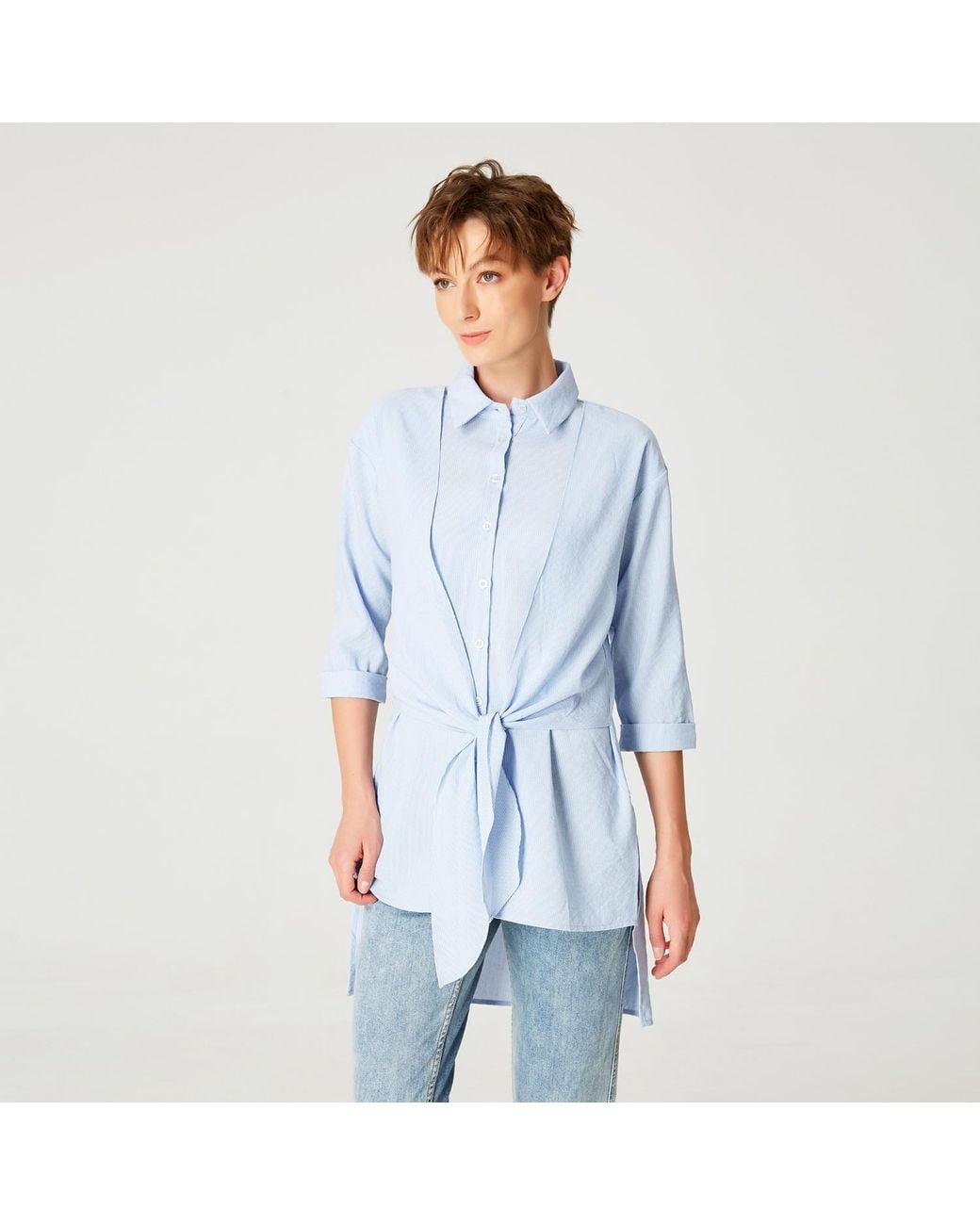 Smart and Joy Blue Long Shirt With Knotted Panels