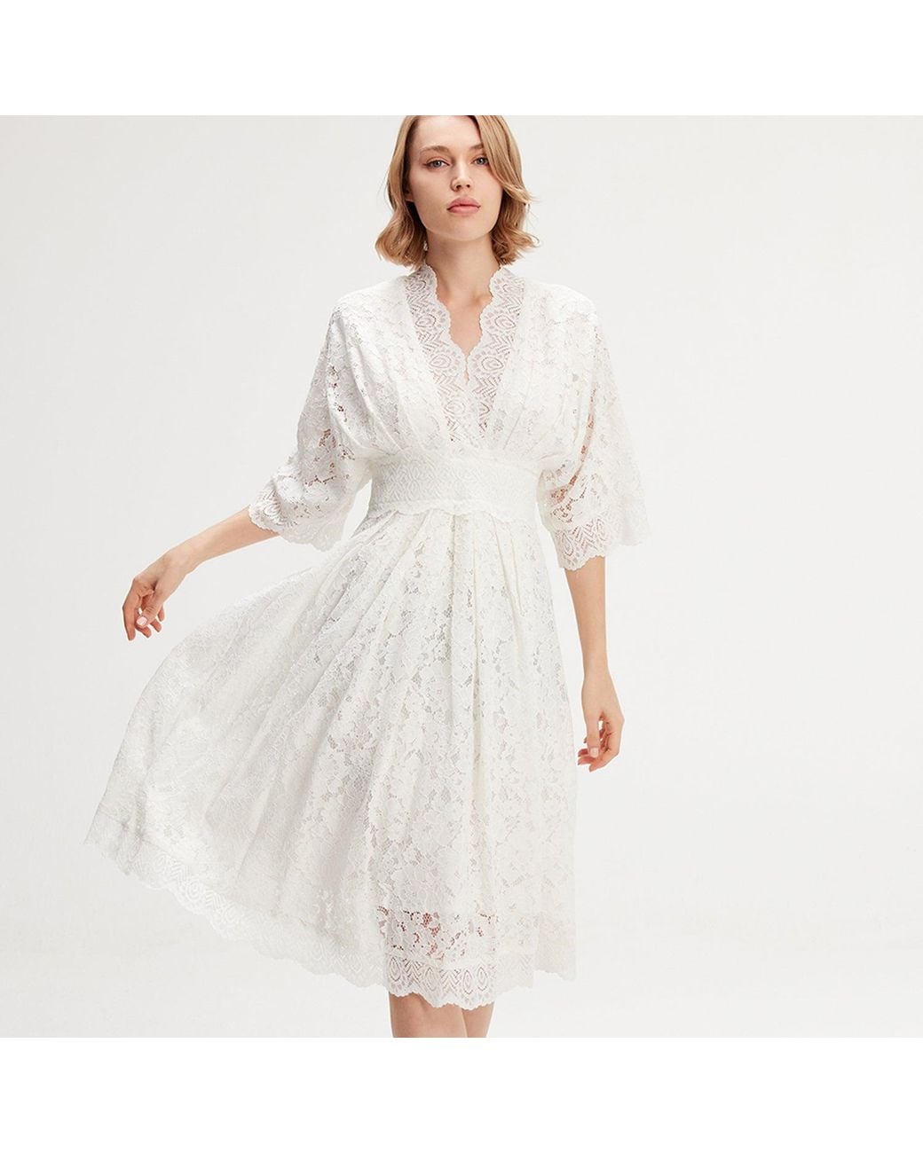 Smart and Joy White Kimono Sleeves Lace Dress