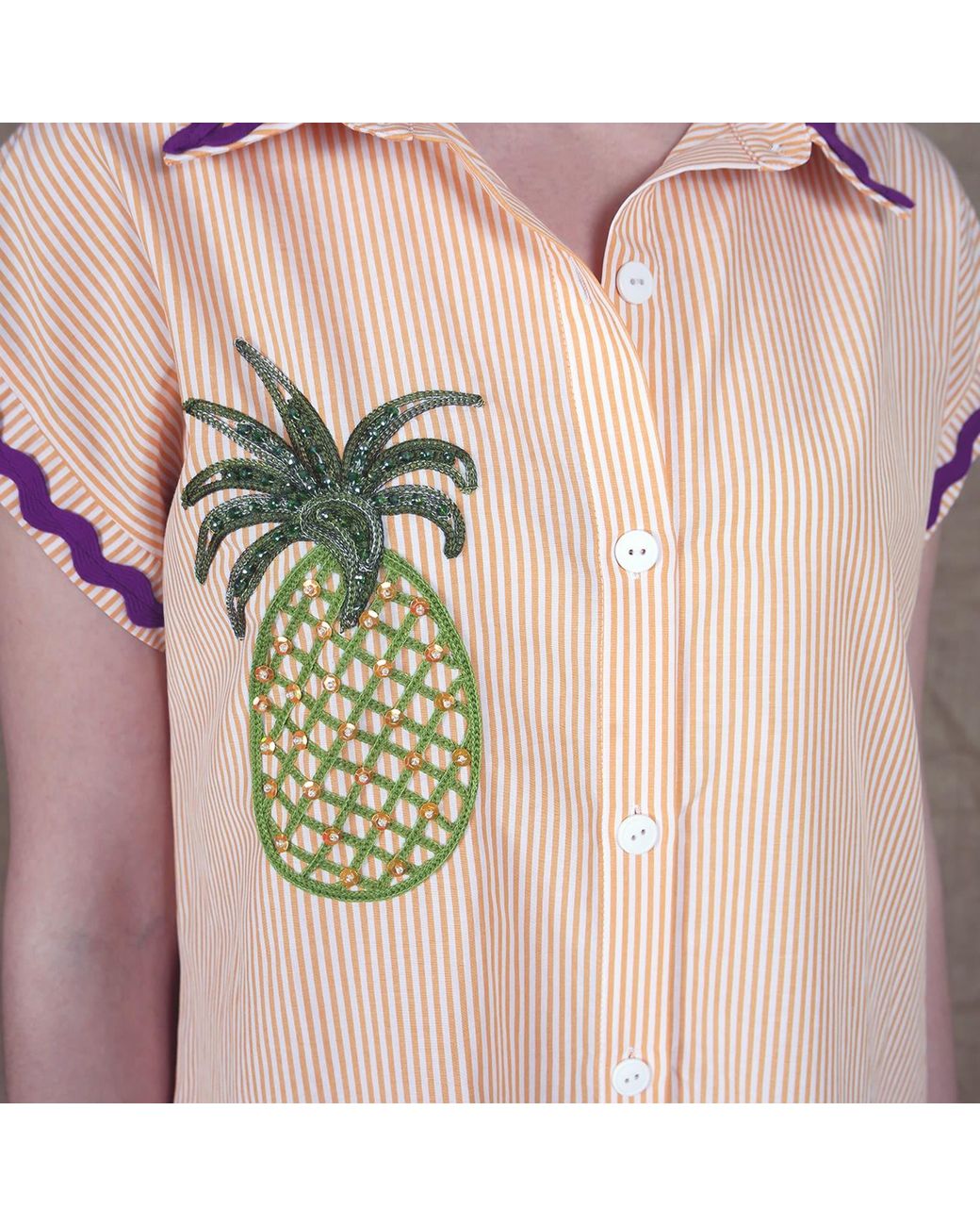 Lalipop Design Pink Pinstripe Cotton Shirtdress With Pineapple Embroidery