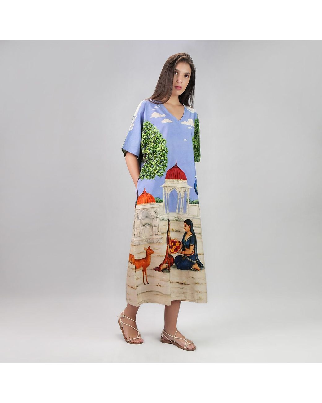 DHARA SHETH DUBAI Blue Saanjh Heritage Art Print Kaftan Maxi Dress