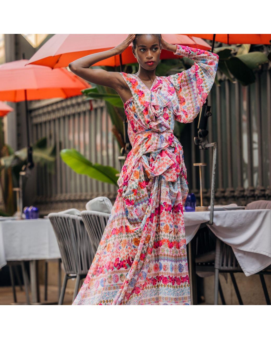 Miro Misljen Pink Jardin Draped One-Shoulder Gown