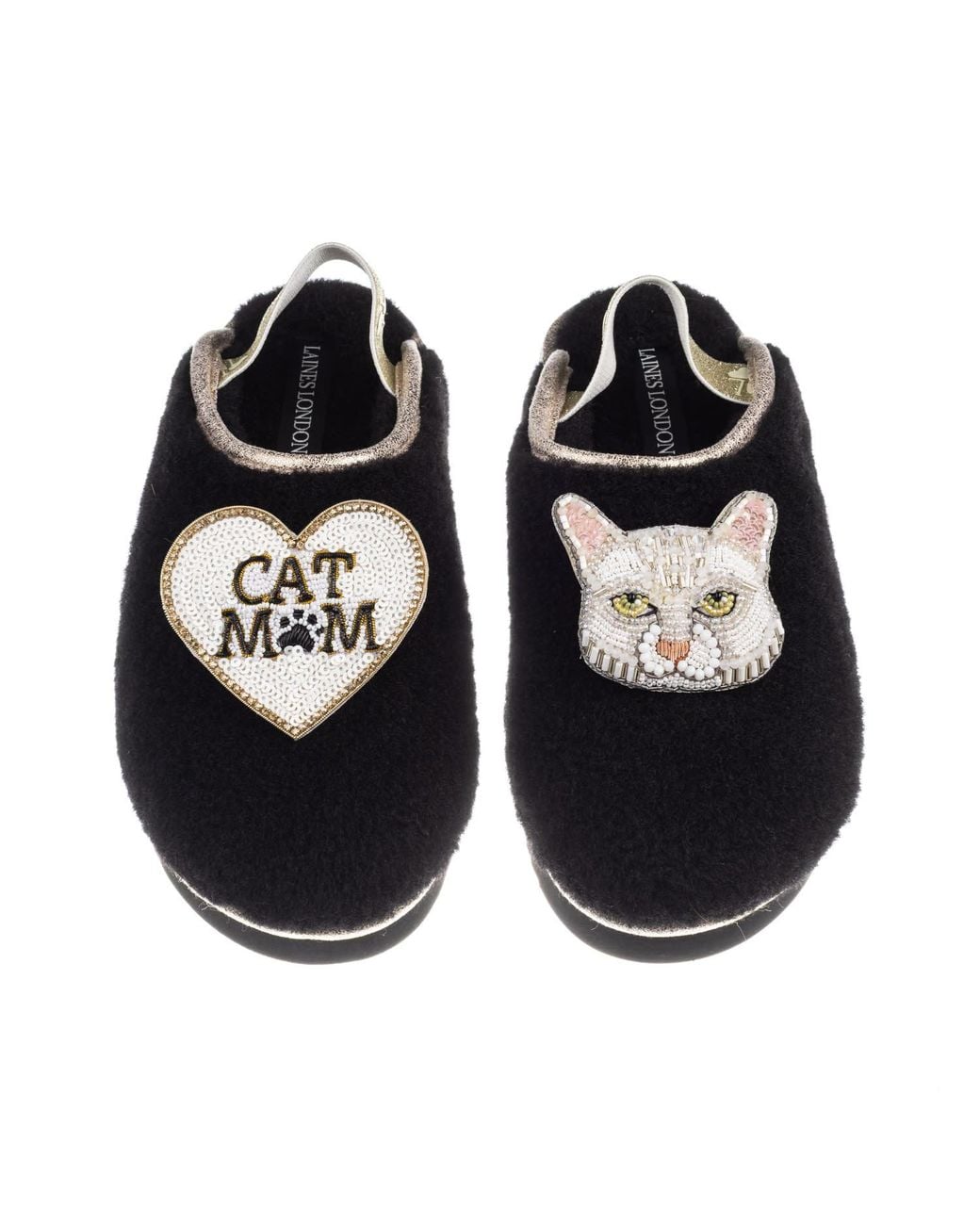 Laines London Black Flatform Cloud Slippers With Lily Cat & Cat Mum/Mom Brooches