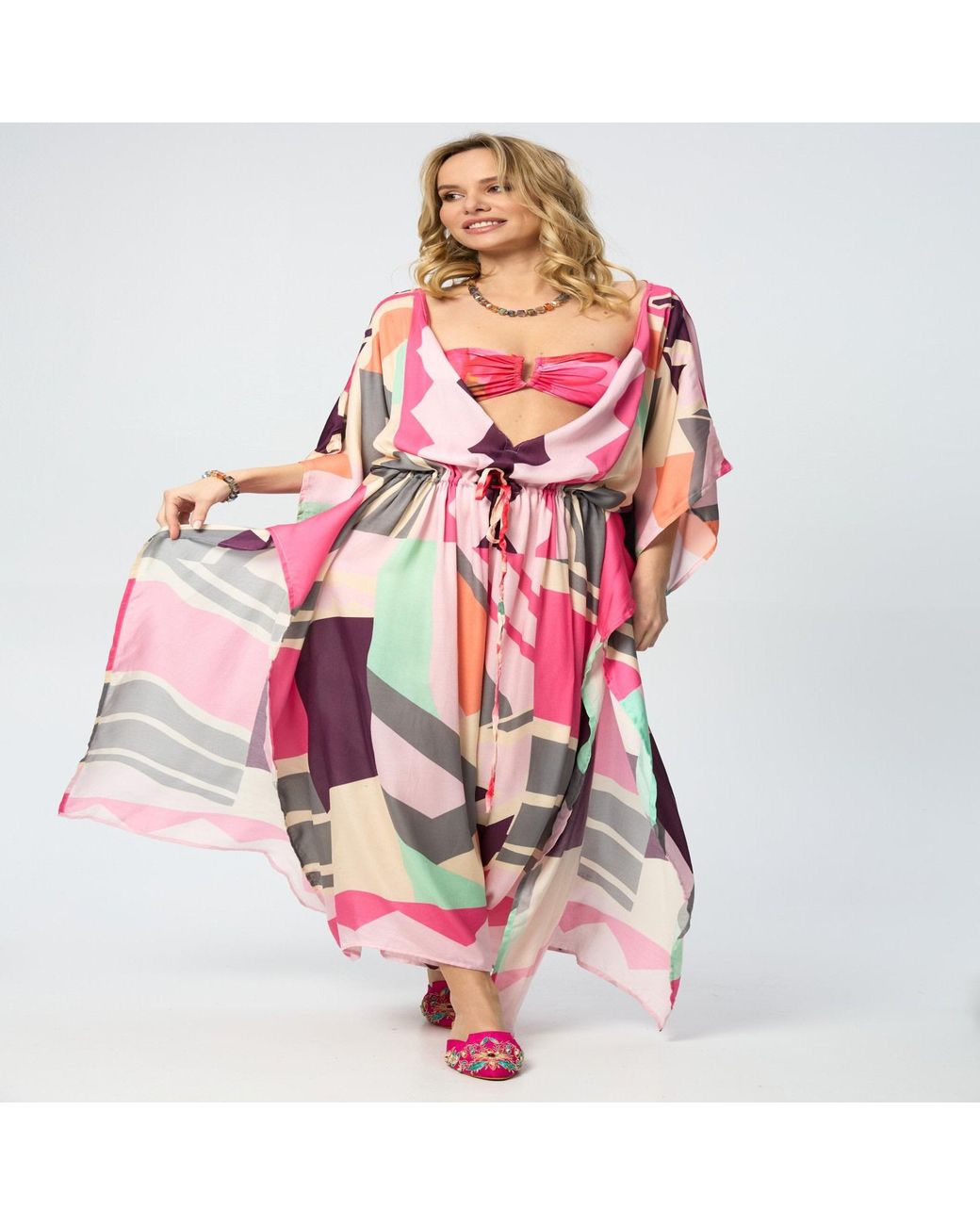 Saachi Pink Multicolored Geo Tie Waist Keyhole Kaftan