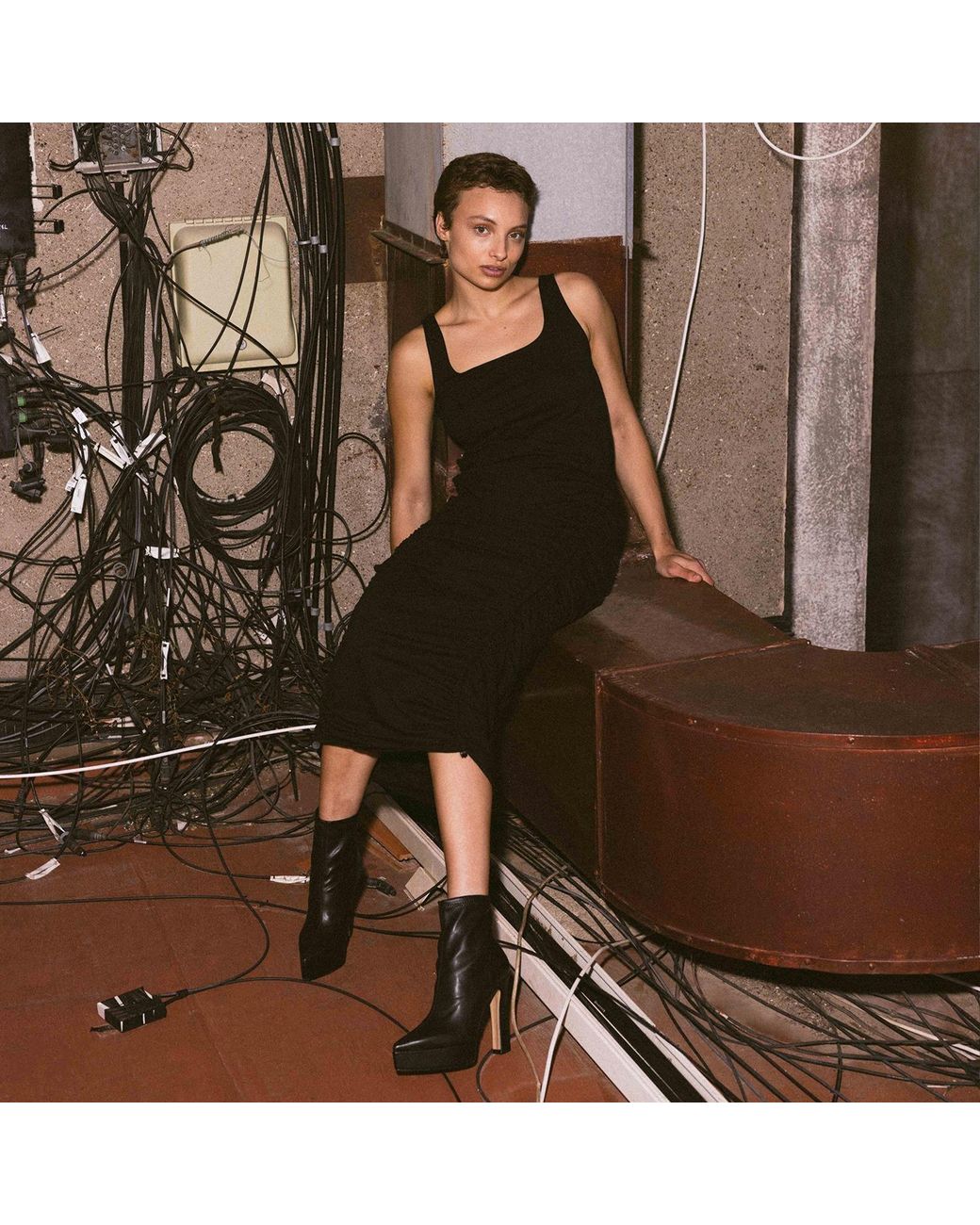 Audrey Vallens Black Spades 2 Gathered Seam Tank Top Dress Cotton