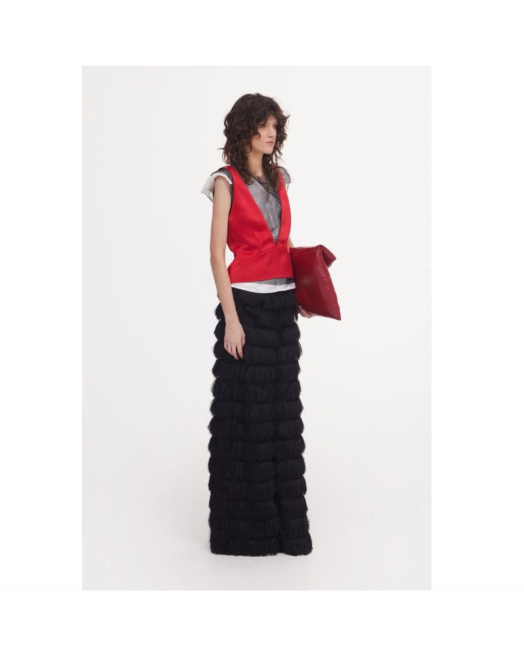 Julia Allert Red Satin Blouse With Mesh And Shoulder Pads