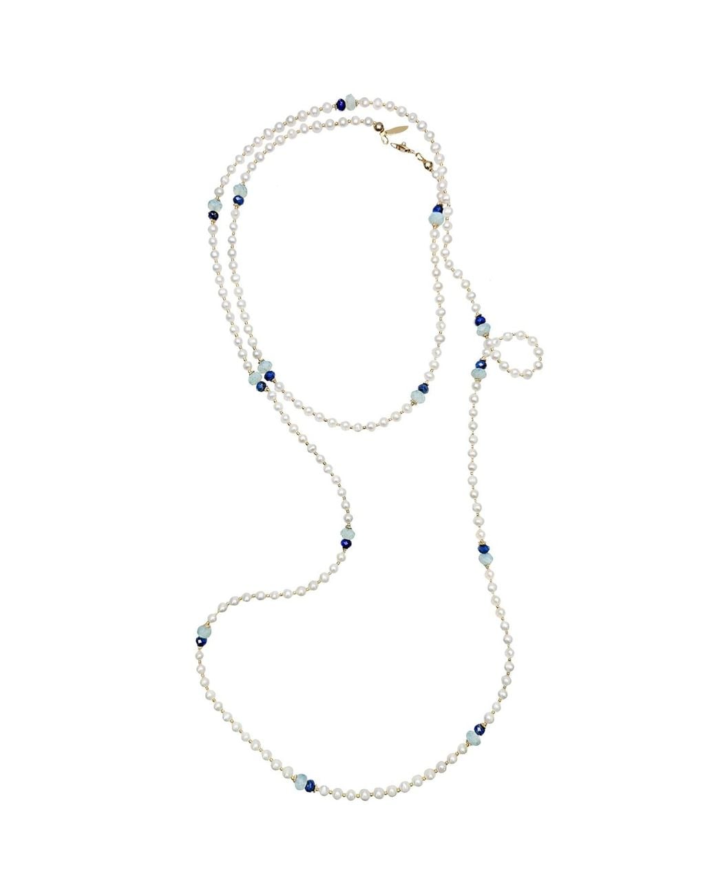 Farra White Freshwater Pearls With Lapis Opera Long Necklace