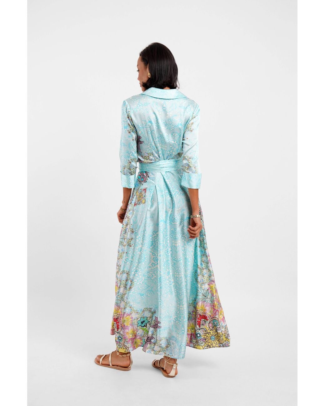 Jessica Russell Flint Blue Belted Maxi Shirt Dress Floral Medley