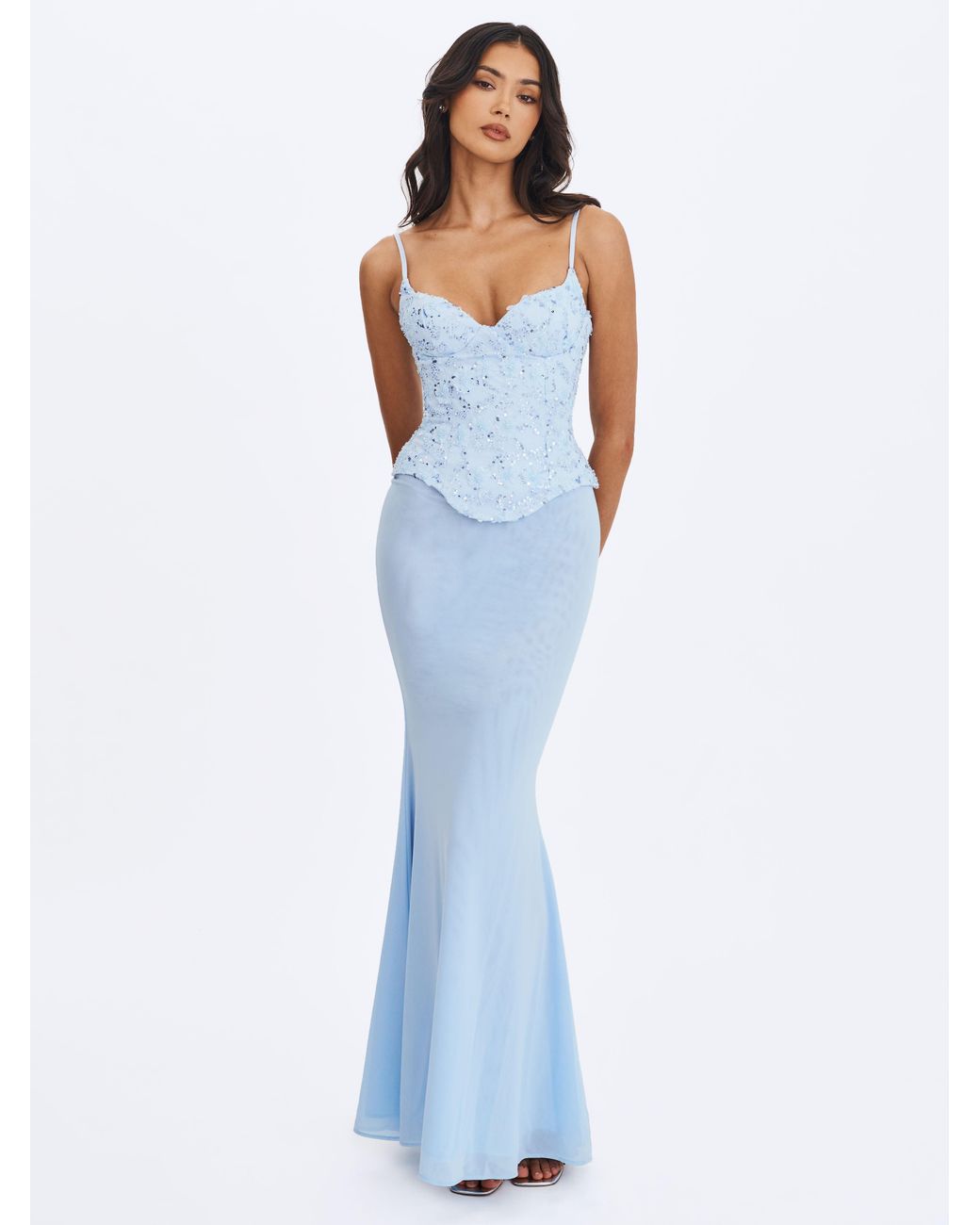 Miss Circle New York Blue Aurielle Baby Sweetheart Mermaid Peplum Maxi Dress