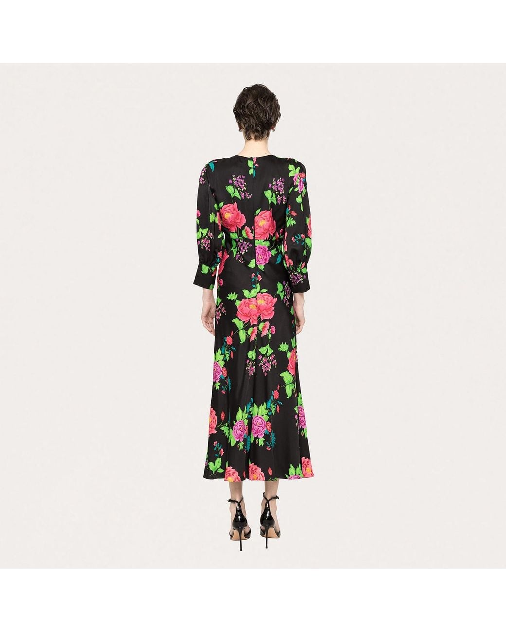 Nissa Green Puff-Sleeves Viscose Midi Dress