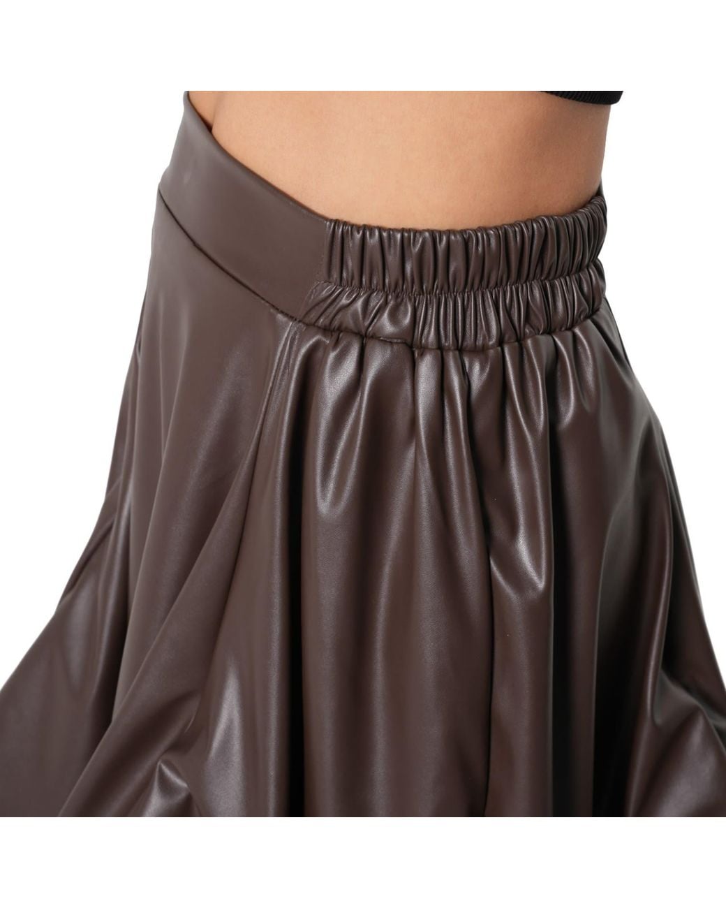 Metamorph Brown Vegan Leather Midi Skirt With Sculptural Folds