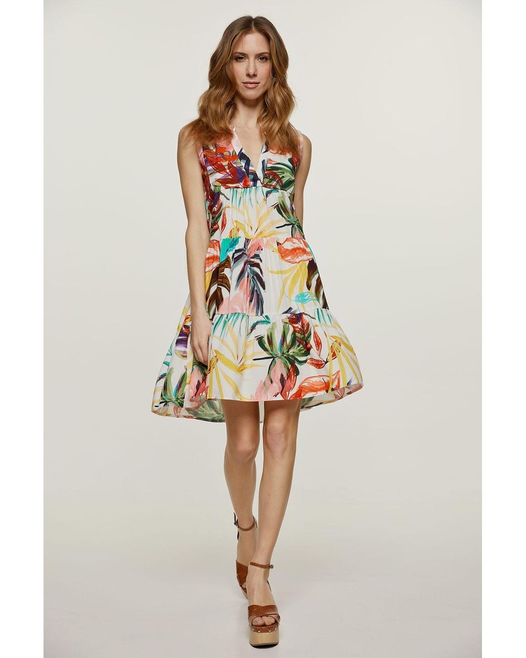 Conquista Natural Neutrals Ecru Leaf Print Sleeveless Dress